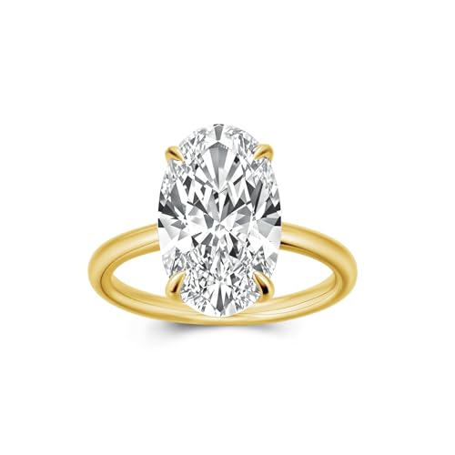6.5ct Elongated Oval Cut Engagement Ring for Women,Yelllow Gold Plated 925 Sterling Silver Simulated Diamond Solitaire Promise Ring for Wedding,Travel,Daily