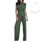 Conjunto de viaje para mujer, cómodo conjunto de dos piezas, sin arrugas, cómodo, elegante, irregular, camiseta sin mangas, pantalones de pierna ancha, trajes de viaje para mujer en avión (verde, S)