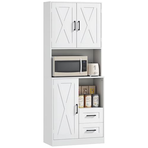 HOMCOM Alacena Rústica de Cocina Con 3 Puertas, Compartimentos Abiertos, 2 Cajones, Orificio Pasa Cables y Estantes Ajustables - Mueble Auxiliar 70x40x180 cm Blanco