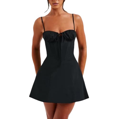 Felcia Damen Spaghettiträger Minikleid Sommer Rückenfrei Tie Up Fishbone Taille Korsett Shaping A Linie Kleid für Streetwear, A-schwarz, Medium