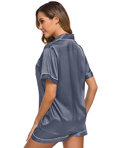 Image of SWOMOG Womens Silk Satin Pajamas Short Sleeve Sleepwear Button Down Loungewear Two-Piece Pj Set Deep Gray