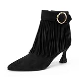 Perisis Women's Fringe Boots Kitten Heel Booties Black Pointed Toe Suede Ankle Short Boot with Side Zipper(Black Toe Suede,8.5)