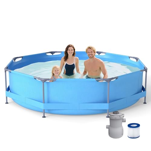 GOPLUS 4383L Piscina Desmontable Redonda con Depuradora, Swimming Pool Grande Exterior para 2-3 Adultos y Infantils con Soporte Tubular Metálico, Almohadillas Antideslizantes (306 x 306 x 76cm)