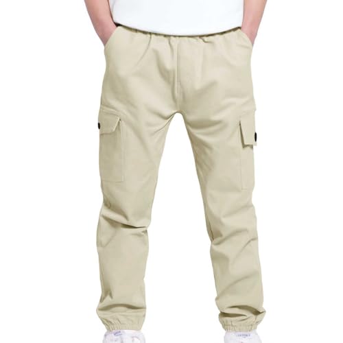 Boys Cargo Pants Slim Fit Husky Pant Elastic Waist Joggers with Multi Pockets Hiking Outerwear Boys Cargo Pants Beige 6 Years