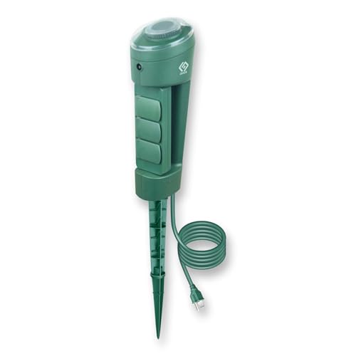 OSKOS Outdoor Power Stake 3 Grounded Outlets with 180 Rotating Function and Safety Cover and Photocell Timer 2/4/6/8 Hour Countdown Dusk to Dawn 6FT Cord UL Listed Green