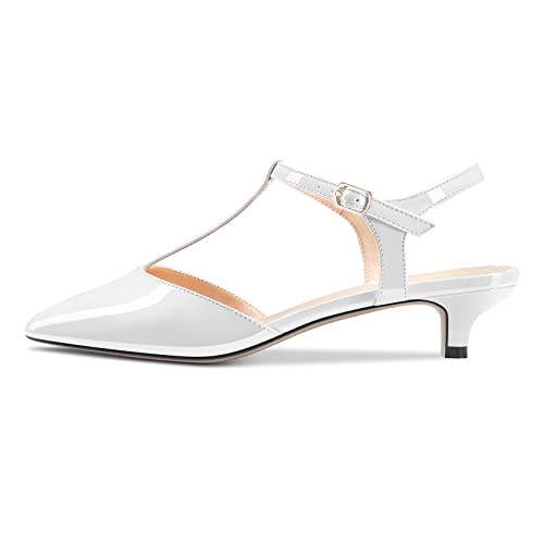 Saekcted Women Low Kitten Heel Pointed Toe T-Strap Ankle Strap Pumps Classic Cute Dress 1.4 Inches Heels