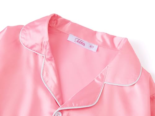 Tebbis Satin Pajamas for Girls - Neon Pink Cute Silky Long Sleeves & Pants Sleepwear PJ Set Size 6/7-162