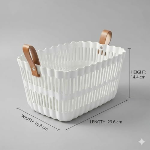 Image of AIR O MATIC Plastic Ractangle Laundry Basket with Breathable Slotted Design & Ergonomic Leather Grip Handles - Large Ventilated Clothes Hamper for Bedroom, Bathroom & Laundry Room (White)
