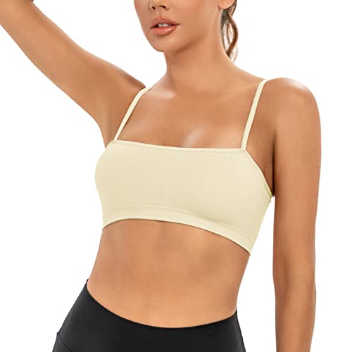 INIBUD Sports Bras for Women Bandeau Padded Ribbed Bralette Adjustable Strap Workout Square Neck Seamless Crop Top Backless3