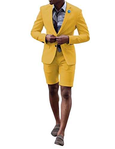 Wangyue Summer Beach Wedding Groomsmen Grooms Linen Short Suits For Men Yellow #TOP25