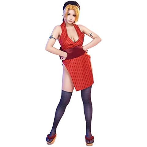 Miccostumes Womens Kimono Cosplay Costume Sleeveless Dress with Obi and Thigh Socks (Medium, Red) Cover