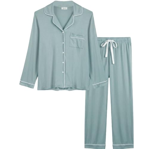 Image of Cherrydew Women's Bamboo Viscose Cooling Long Sleeve Button Up Pajama Set | Buttery-Soft Feel,Naturally Cool Comfort,Breathable Fabric,Lightweight & Flowy Feel