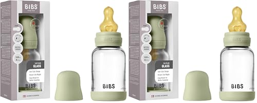BIBS Baby Glass Bottle. Anticólicos. Tetina redonda de látex de caucho natural. Favorece la lactancia natural, 120ml, Complete Set - Sage (Paquete de 2)