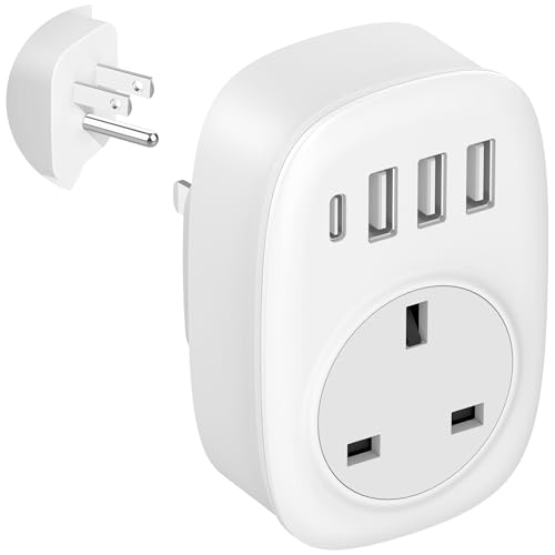 UK to US Plug Adaptor - USA Travel Adapter with USBC for American Canada Mexico Thailand Colombia UK to USA Plug Adapter with 3 USB Ports 4 in 1 Type C Fast Charger for Phone Android (Type B) Jmfufnv