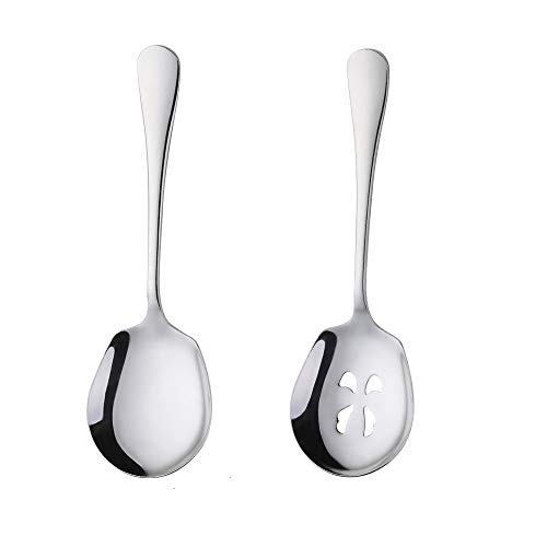 MINGYU Silver Serving Spoons Set Stainless Steel 1 Pcs Large Serving Spoon 1 Pcs Slotted Serving Spoon Serving Utensils For HomeusePartyBanquet Dishwasher Safe
