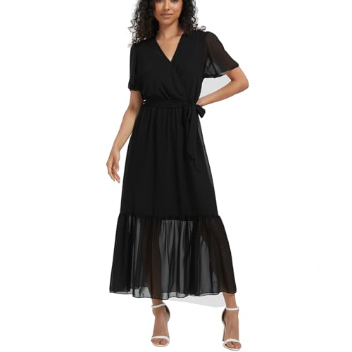 Image of Women's Summer Bohemian Floral Chiffon Dress Cap Sleeve V Neck Ruffle Long Flowy Boho Casual Vacation Dresses