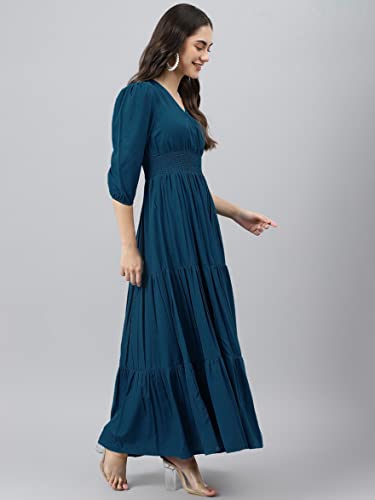 Image of Femvy Women's Fit and Flare Maxi Dress Rayon 3 /4 Sleeve Solid V-Neck Evening Dress 751