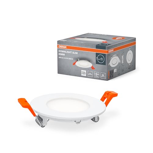 OSRAM Downlight Slim 85mm, luce da incasso a LED, 4,5W, bianco neutro 4000K, 240 lumen, design piatto, IP20, facile installazione per soggiorni e cucine