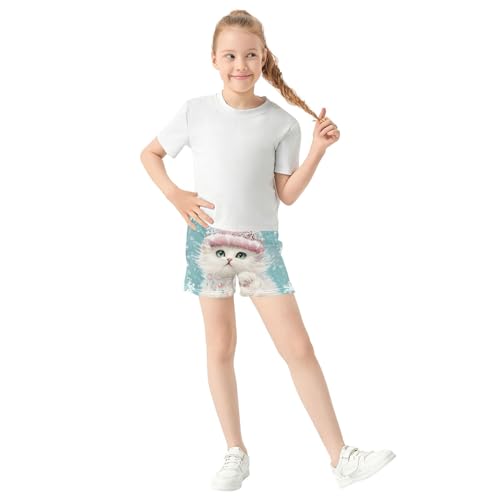 Girls Shorts Winter Cat Pink Santa Hat Cute Animal Print Pajama Sleepwear Youth Athletic Summer Clothes, X-Small2