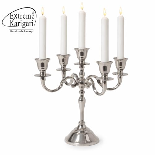 Image of Aluminum Metal 5-Arm 8inch German Silver Candelabra for Dining Table | Vintage Candle Stand for Romantic Dinner, Home & Wedding Decor