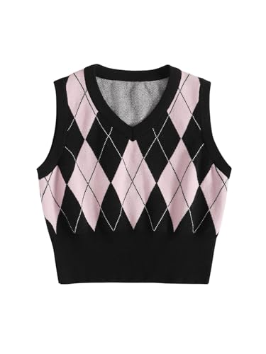 Image of SweatyRocks Women's Geometric Pattern Sweater Vest V Neck Sleeveless Preppy Style Crop Tank Top