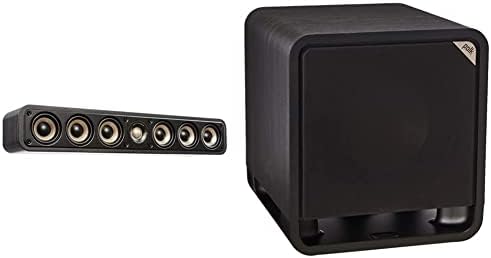 Polk Signature Elite ES35 Slim Center Channel Speaker, Stunning Black & HTS 10 Powered Subwoofer with Power Port Technology | 10” Woofer, up to 200W Amp, Washed Black Walnut