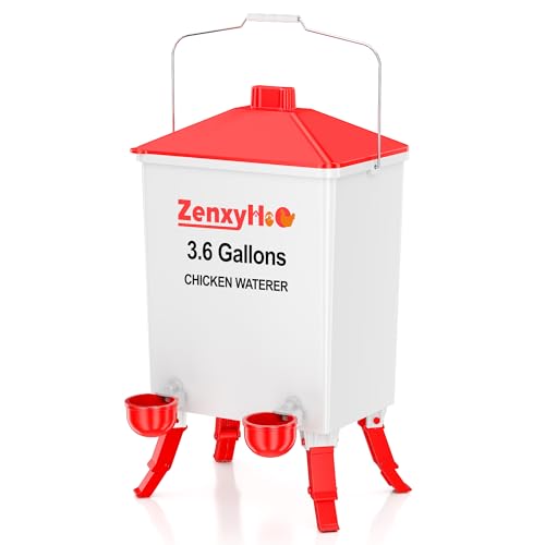 ZenxyHoC 3.6 Gal Chicken Waterer with Anti-Roost Cone 3 Height Adjustable Locking Legs and 4 Automatic Water Cups for Backyard Flock