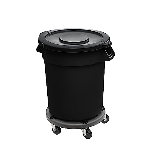 20 Gallon Black Round Commercial Trash Can with Lid and Dolly, Mobile Waste Container for Ð¡leaners Parks, Sidewalks, Roadside or Yard, Dog Poop Trash Can, Outdoor Multi-Purpose Cart with Wheels