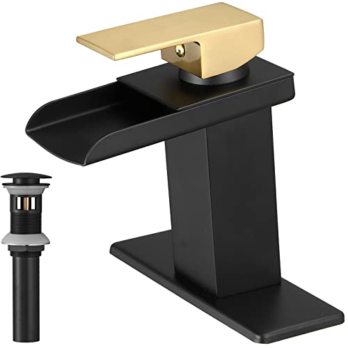 Bathfinesse Grifo de lavabo de baño dorado con cascada negra mate, moderno, lavabo de un solo agujero, baño de un mango con grifo mezclador de drenaje desplegable de metal, línea de suministro de agua