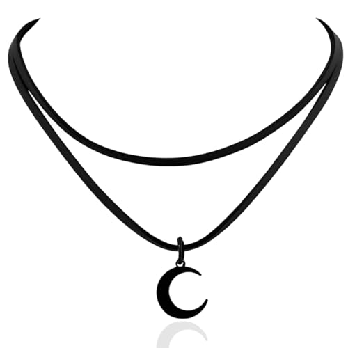 JYNXOR Schwarze Doppelketten-Mondkette für Damen, Gothic Choker, Boho Halskette, Y2K Accessoires, Vintage Schmuck, Halloween Grunge Halsband, Viktorianisch, Mittelalter Design, Witchy Look