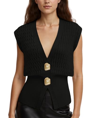 AMEBELLE Vest Tops for Women Cable Knit Sweater Sleeveless V Neck Cardigans Lightweight Knit Pullover Summer Tops(3036-Black-M)