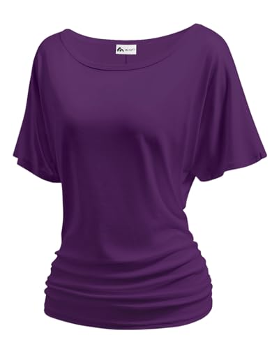 Women's Dolman Top Boat Neck Short Sleeve Solid Tees Casual T Shirt with Side Shirring Detail
