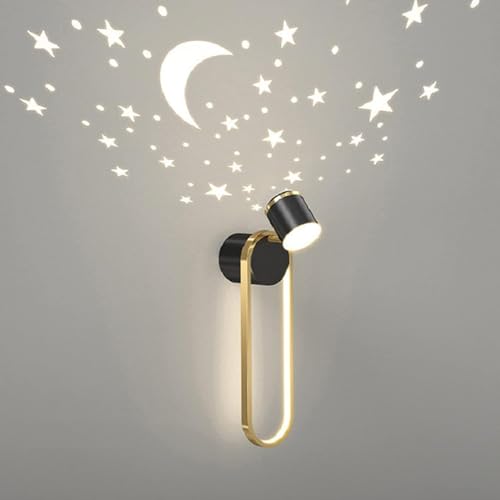 AWEITG Aplique de pared moderno de mediados de siglo lámpara de interior de oro negro con proyector de estrellas for dormitorio, habitación de niños, sala de estar y pasillo(Black)