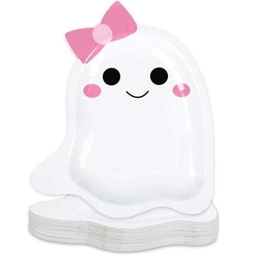 JarThenaAMCS 50Pcs Summer Halloween Paper Plates Pink Bow Ghost Disposable Plate Cute Boo Dinner Plate for Halloween Baby Shower Party Table Decor 10.6 x 8.7 Inch