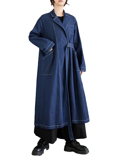 ellazhu Manteau Femme Ample Oversize Décontracté Trench Veste en Jean Grande Taille Tendance Maxi à Cordon Uni GZ338 Bleu