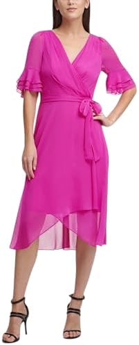 DKNY Womens Ruffle Sleeve Surplice Tie Fit & Flare Midi Dress