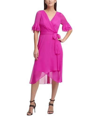 Image of DKNY Women's Ruffle Sleeve Surplice Tie Fit & Flare Midi Dress