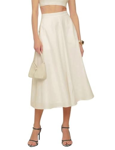 IDEALSANXUN Womens Cotton Linen Skirts Spring Summer A Line Pleated Maxi Midi Skirt with Pockets