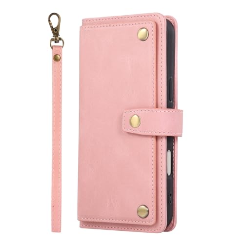 Étui portefeuille iPhone 16 Pro rose clair en cuir à rabat magnétique avec porte-cartes