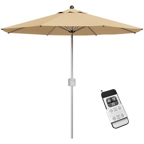 Patiowell Sombrilla motorizada de 9 pies para patio, sombrilla para exteriores con marco de aluminio resistente, banco de energía extraíble y botón de inclinación para patio, piscina, jardín, playa