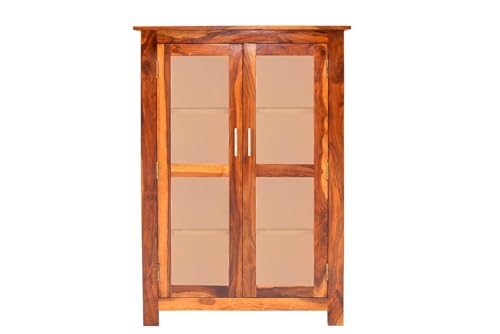 Image of DADDYFURNITURE? Solid Sheesham Wood Kitchen Cabinet Display Rack with 3 Shelf for Living Room | Solid Wood Bookcase for Home Furniture. (Honey Teak)