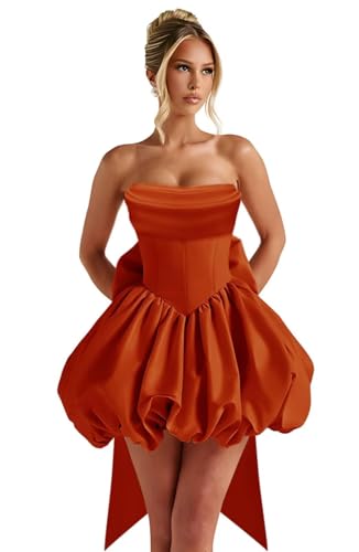 Satin Short Homecoming Dresses with Bow for Teens 2025 Flower Bud Strapless Puffy A-Line Ruched Prom Dresses WO101