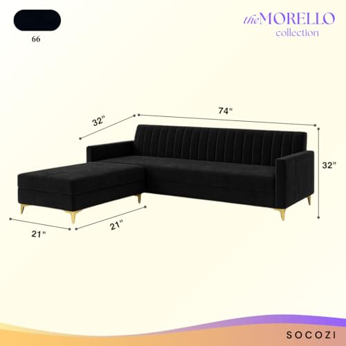 Image of SOCOZI Morello 4 Seater L Shape Sofa Set with Movable Ottoman | Flexible Left or Right Layout | Soft Velvet Suede Fabric | Modern Design | Plush Comfort Cushions for Living Room (Black)