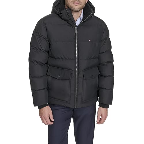 Tommy Hilfiger Men's Hooded Puffer With Patch Pockets, Black, XX-Large