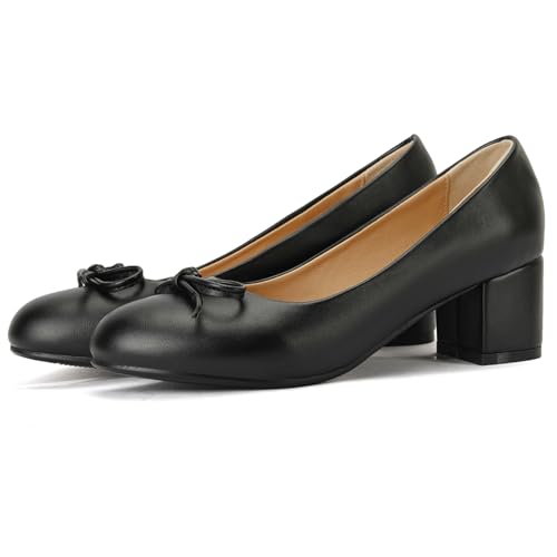 Women's Round Toe Chunky Heel Loafers Slip-on Pumps Dress Shoes with Bows 5