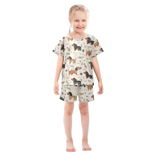 ALAZA Dachshund Dog Cartoon Leaf Pajamas Set Short Sleeve Cotton Sleepwear Summer Pjs 2 Piece 5-14Y3