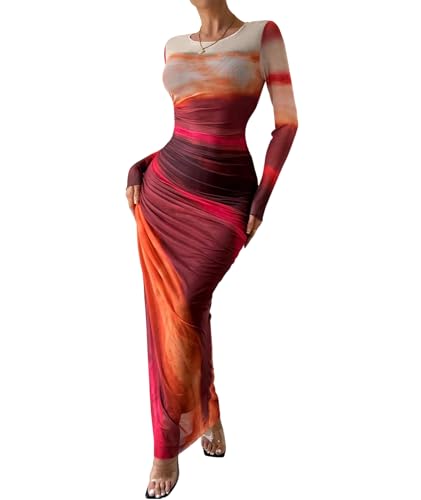 Image of MARZXIN Women Long Sleeve Maxi Dress Bodycon Ruched Formal Slim Fit Tie Dye Dress Formal Mesh Dress