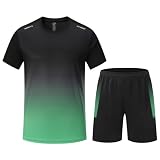 [Luxiwear] 【驚きの通気性！】スポーツウェア メンズ 上下セット 半袖 夏用 トレーニングウェア ランニングウェア コンプレッションウェア 吸汗速乾 (XL, #セットA-グリーン)