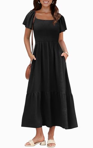 Image of OFEEFAN Summer Dresses for Women Square Neck Ruffle Sleeve Smocked Maxi Dress with Pockets