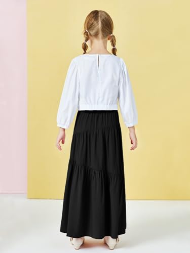 Haloumoning Girls Elastic High Waist Maxi Skirt Boho A-Line Tiered Pleated Long Skirts With Pockets 5-14 Years Black thumb #5